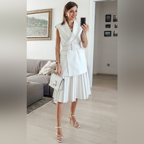 ZARA Long V-neck white vest dress with belt size L - Picture 4 of 14